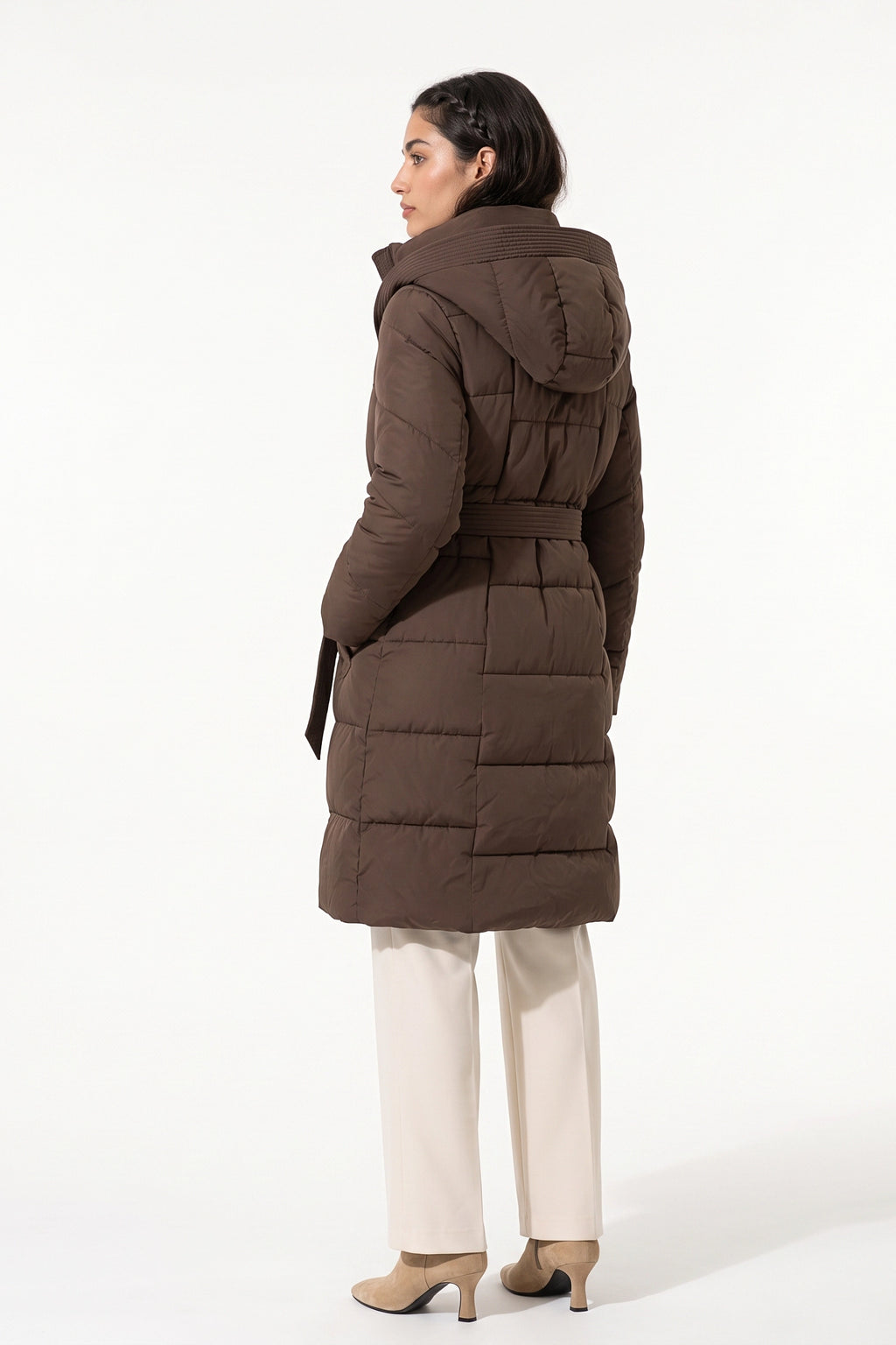 Women's Winter Warm Longline Puffer Coat with Hood and Waist Belt