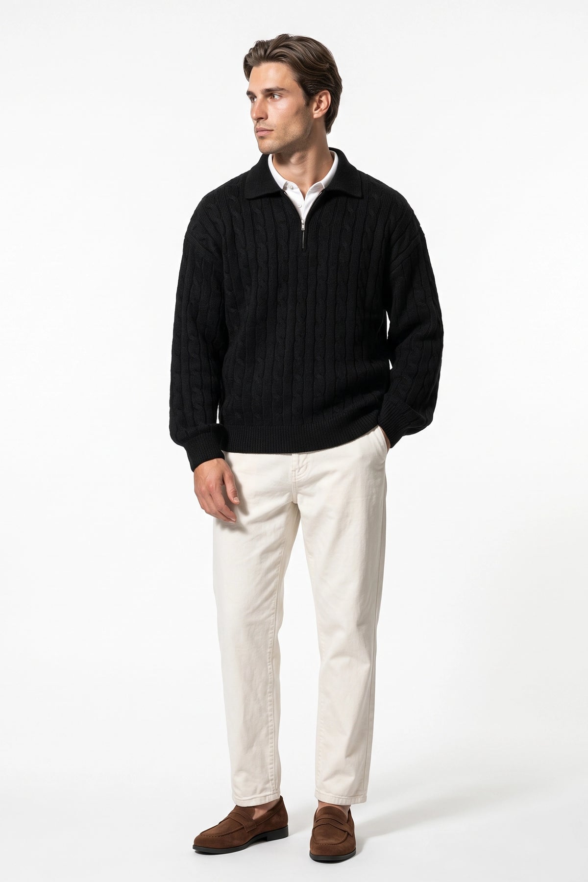 Men's Winter Warm Cable Knit Quarter Zip Polo Jumper
