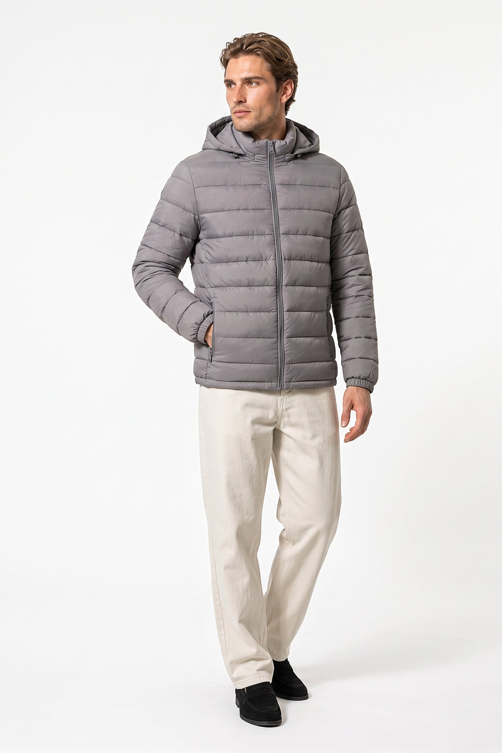 Men's Winter Warm Puffer Jacket with Hood and Zip Pockets