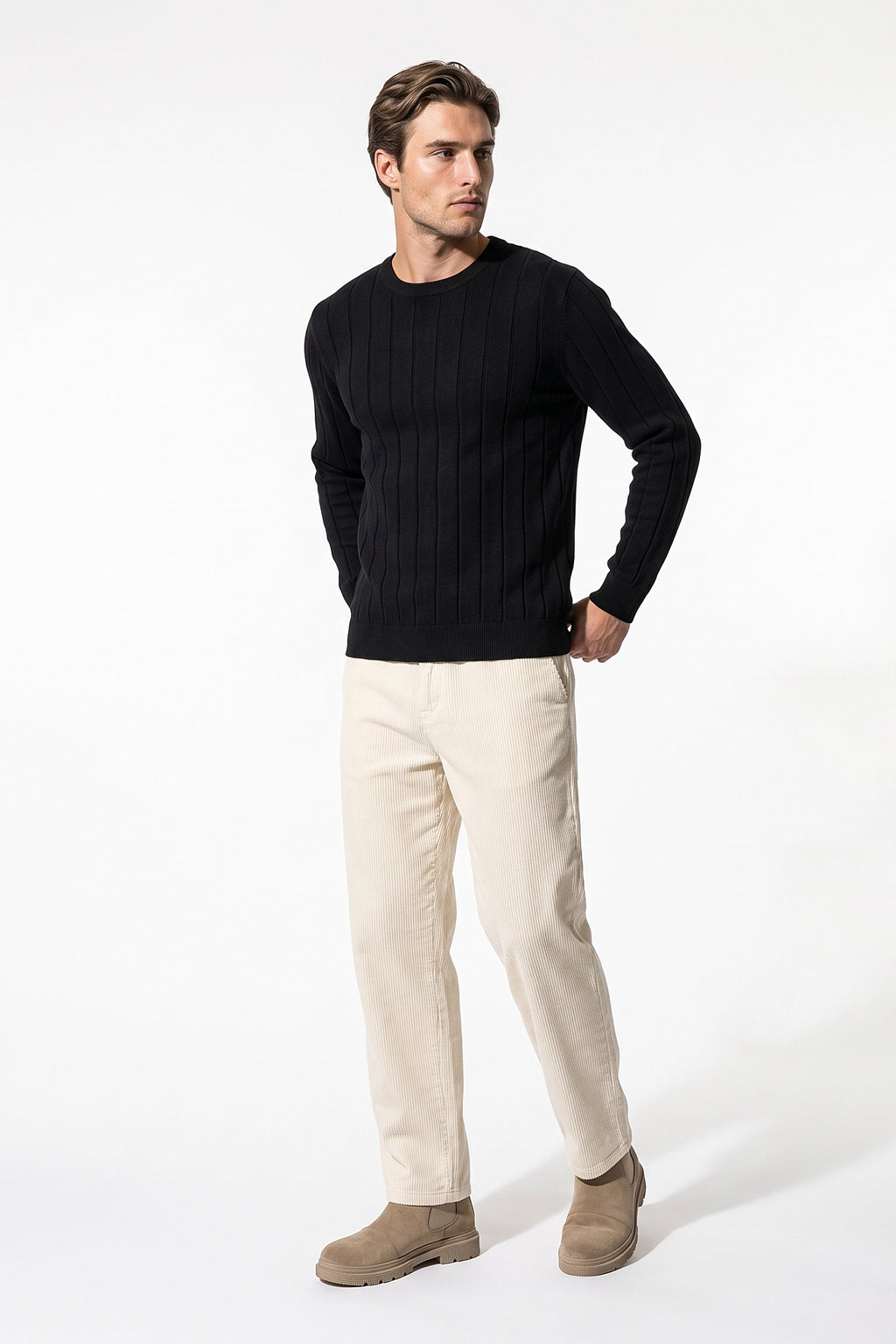 Men’s Winter Warm Ribbed Knit Jumper Crew Neck