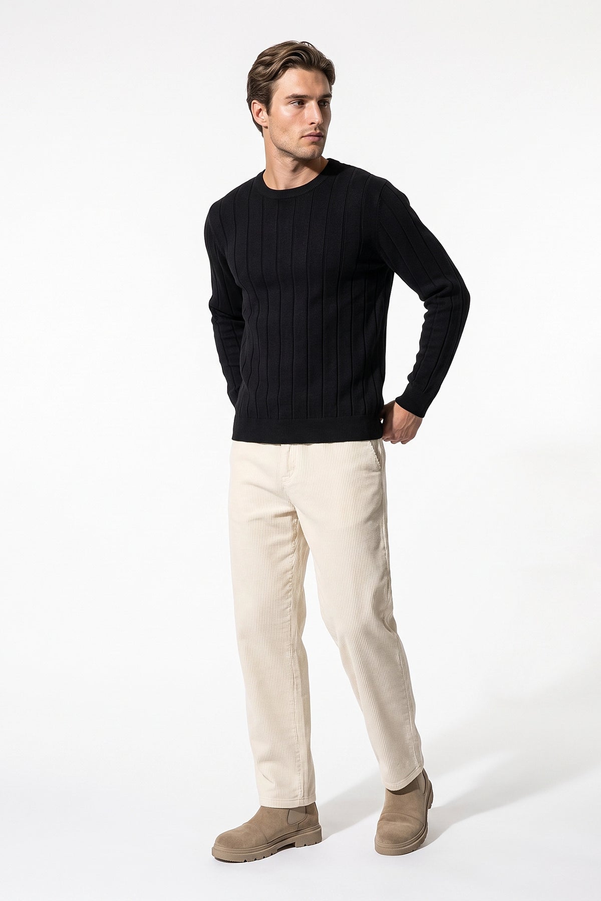 Men’s Winter Warm Ribbed Knit Jumper Crew Neck