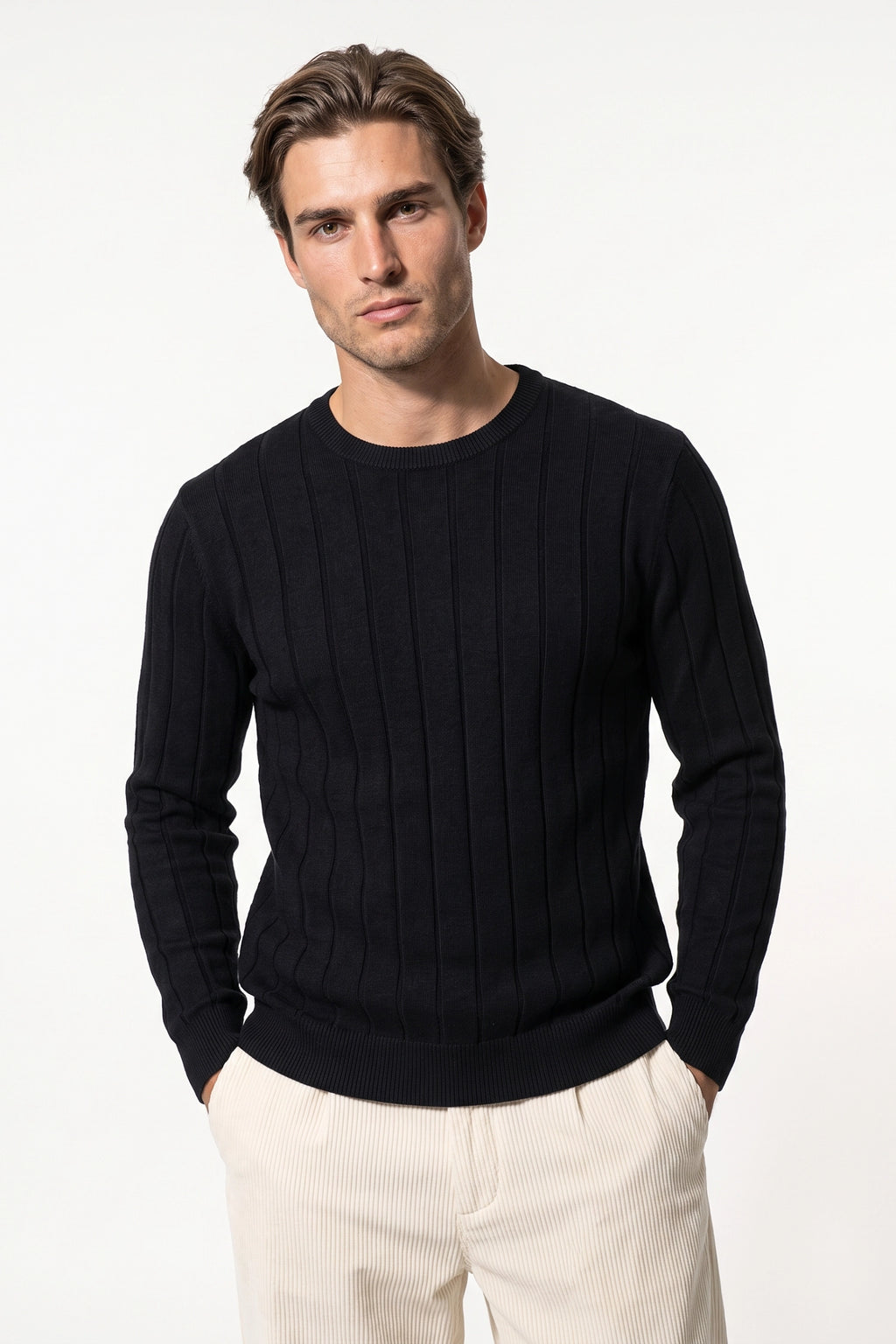 Men’s Winter Warm Ribbed Knit Jumper Crew Neck