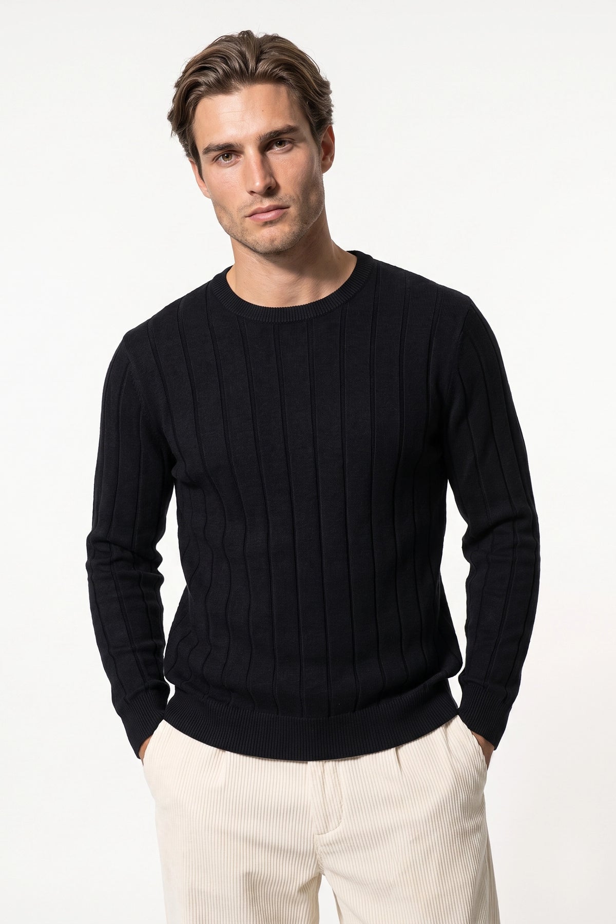 Men’s Winter Warm Ribbed Knit Jumper Crew Neck