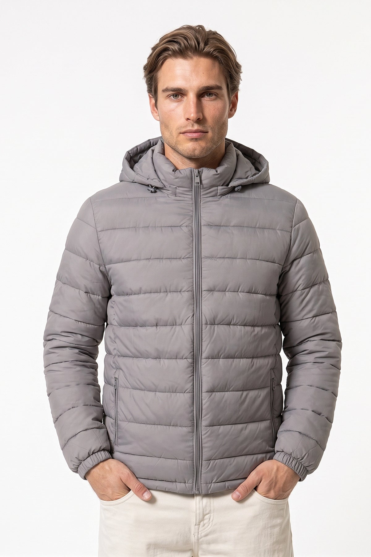 Men's Winter Warm Puffer Jacket with Hood and Zip Pockets