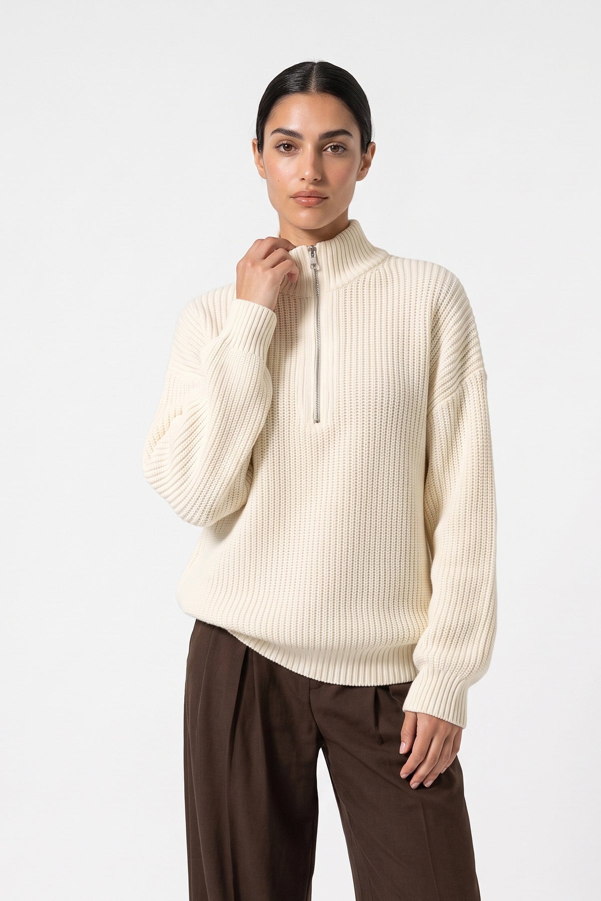Women's Winter Warm Ribbed Knitted Jumper Quarter Zip