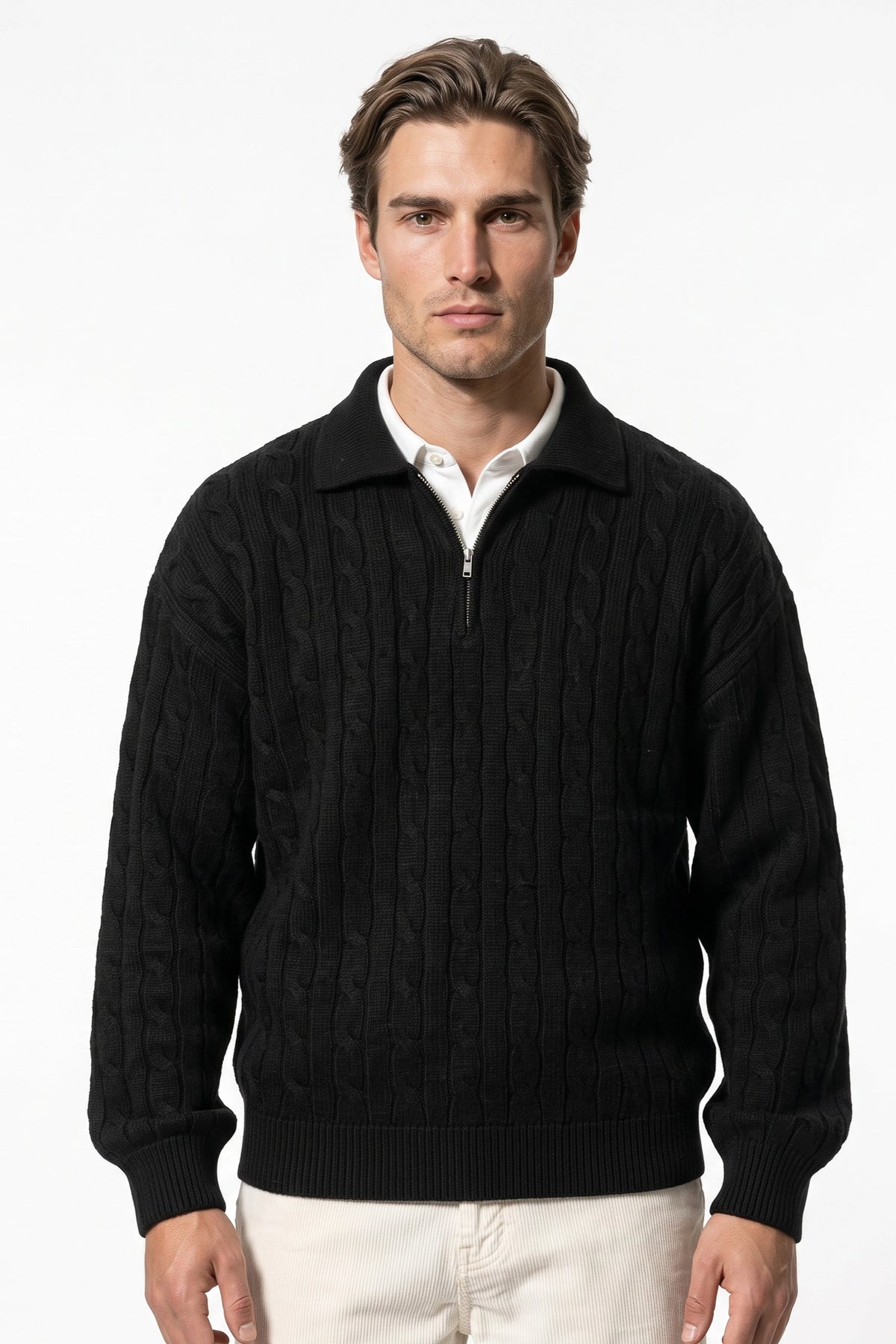 Men's Winter Warm Cable Knit Quarter Zip Polo Jumper