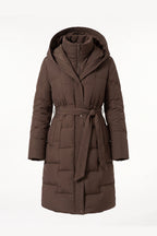 Women's Winter Warm Longline Puffer Coat with Hood and Waist Belt