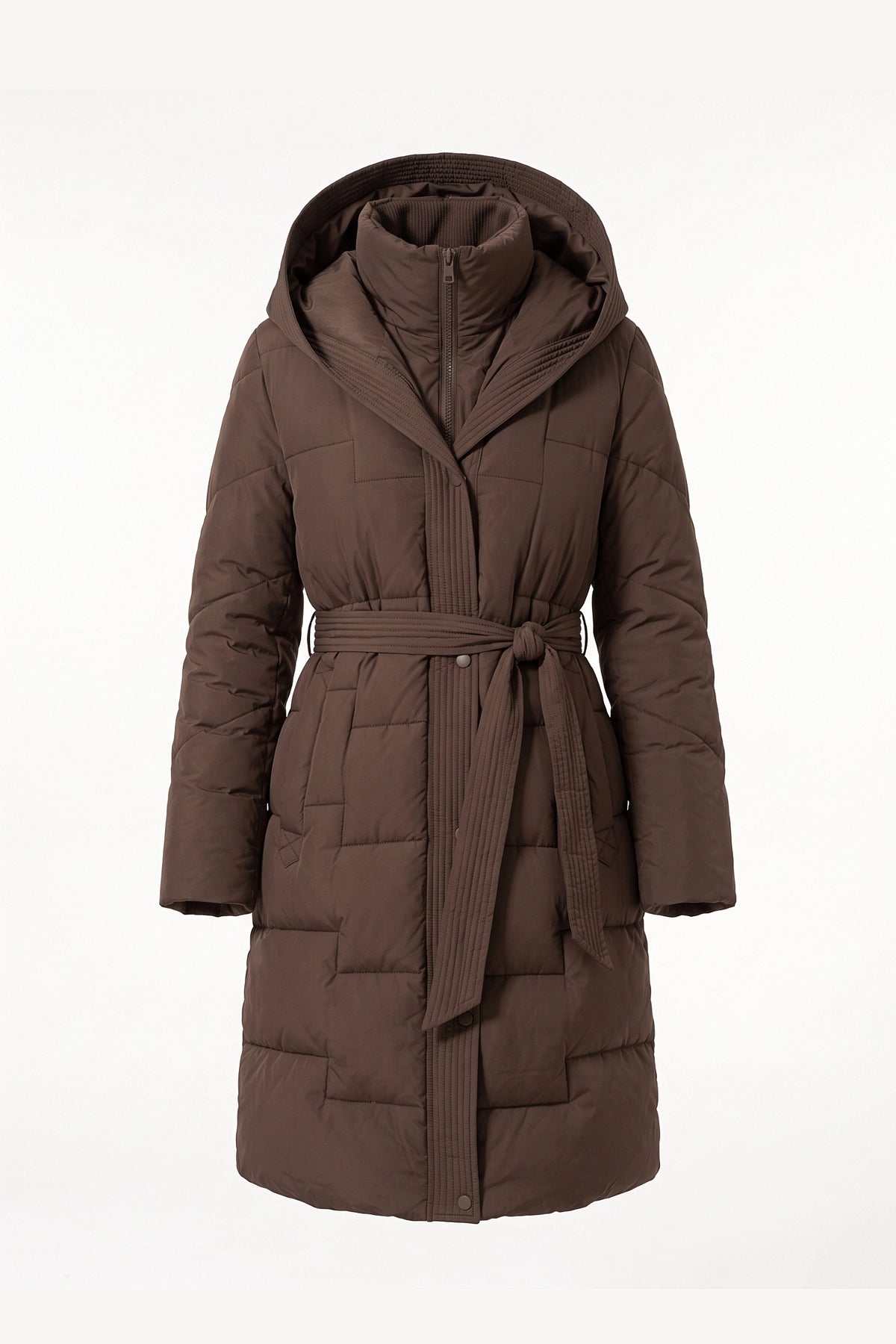 Women's Winter Warm Longline Puffer Coat with Hood and Waist Belt