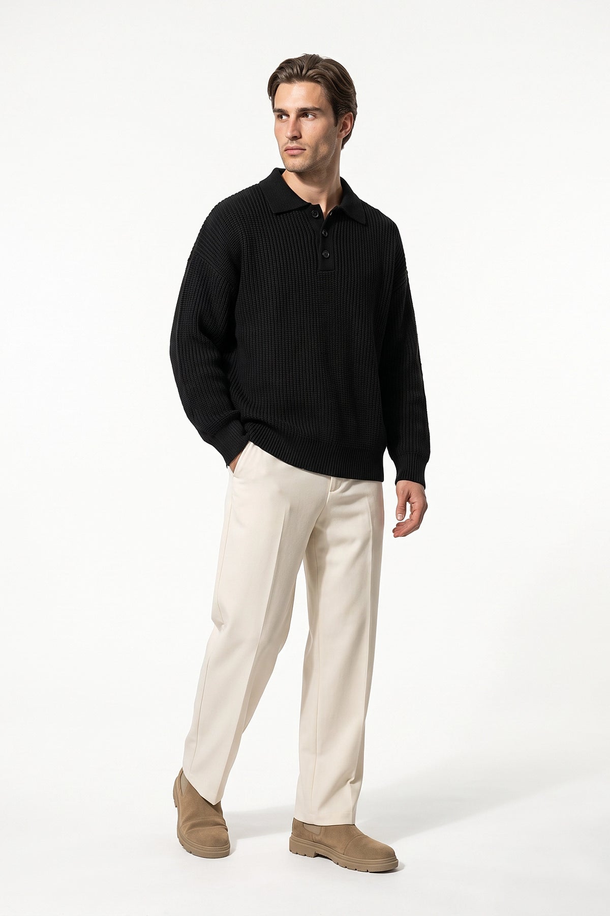 Men's Winter Warm Waffle Knit Polo Jumper Relaxed Fit