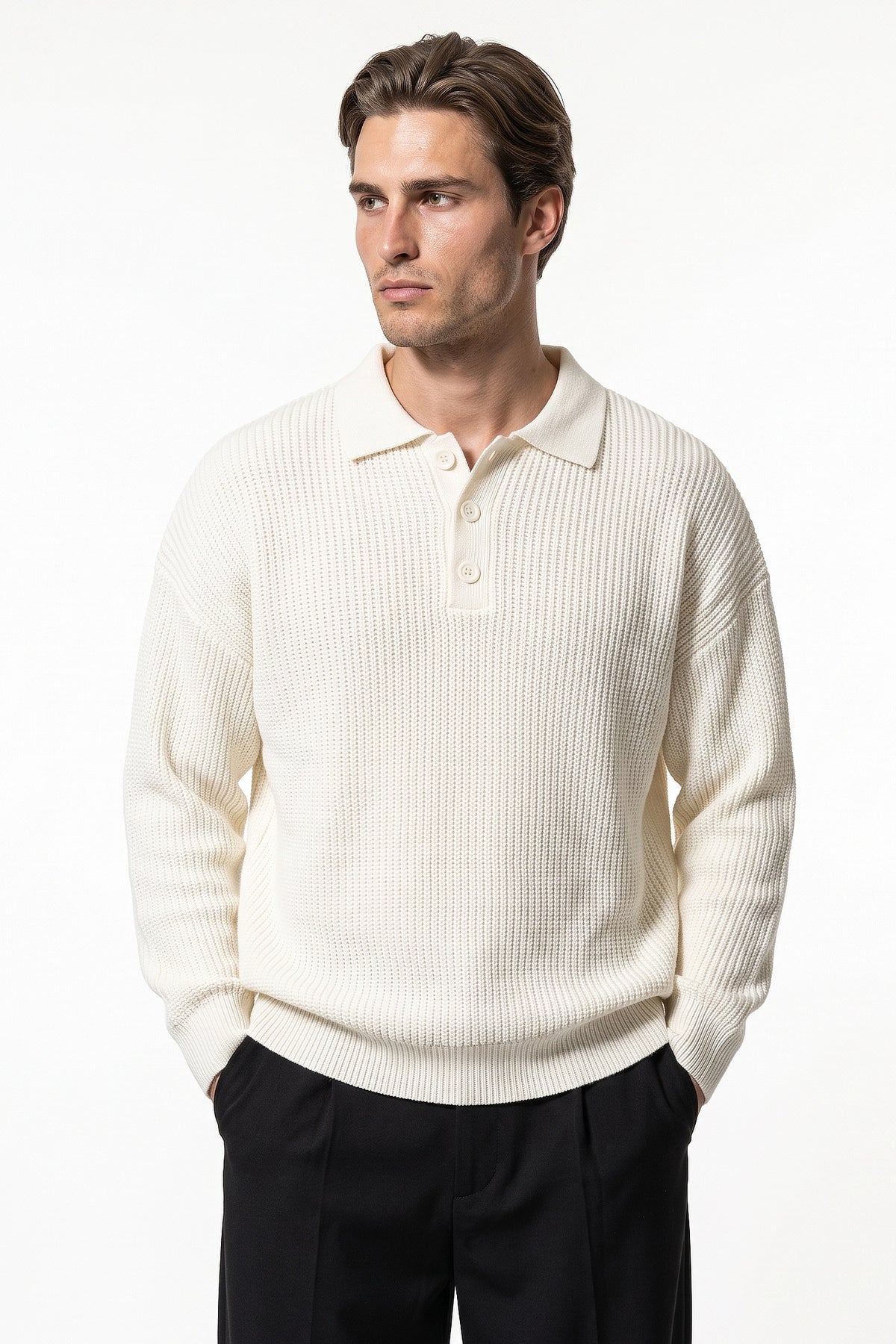Men's Winter Warm Waffle Knit Polo Jumper Relaxed Fit