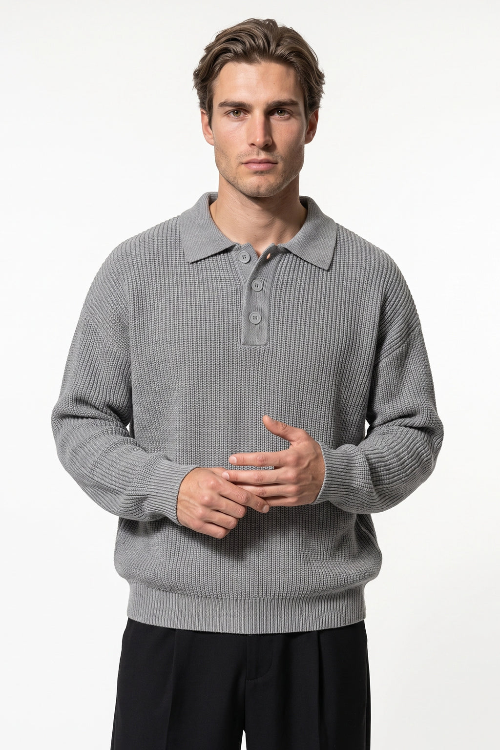 Men's Winter Warm Waffle Knit Polo Jumper Relaxed Fit