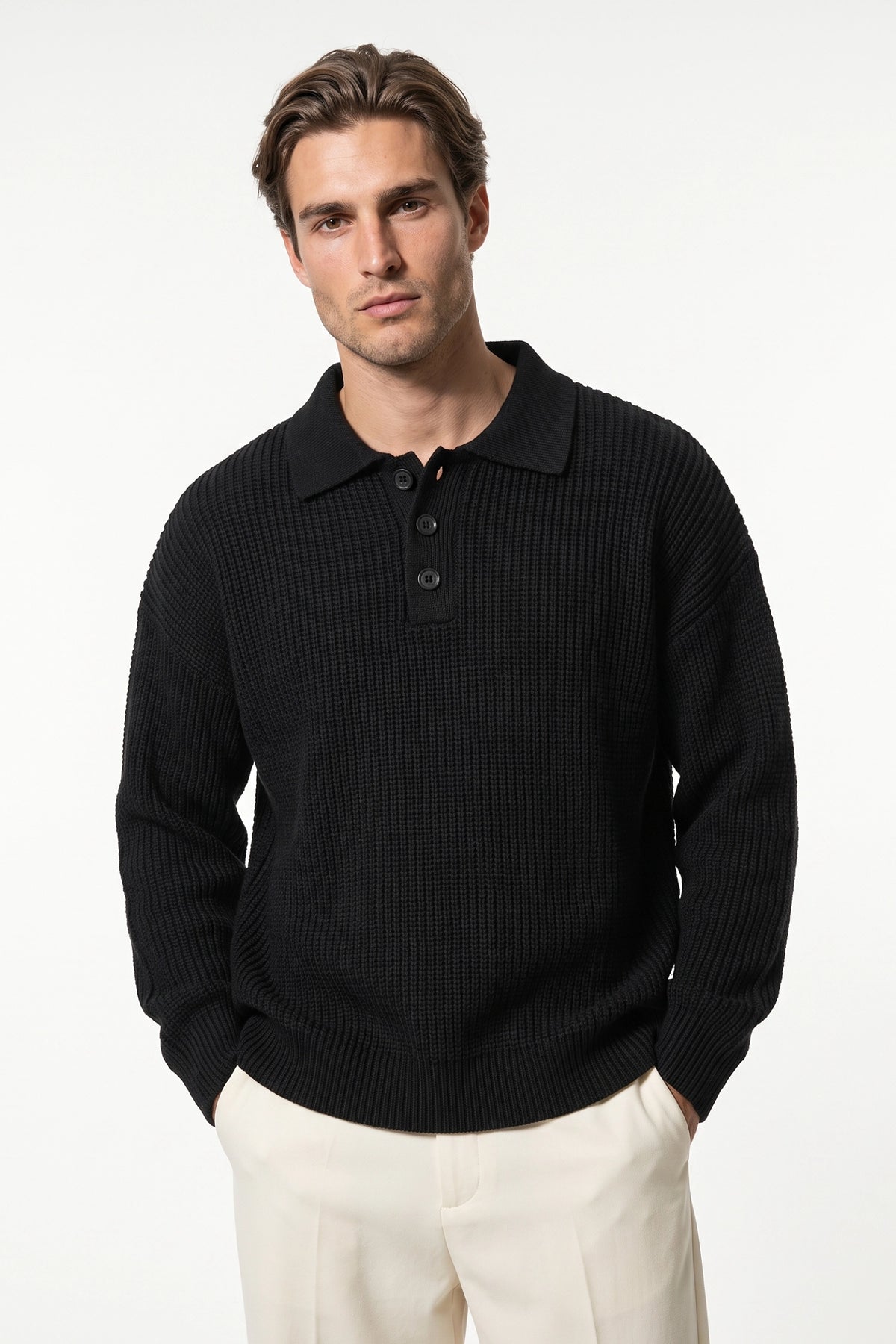 Men's Winter Warm Waffle Knit Polo Jumper Relaxed Fit