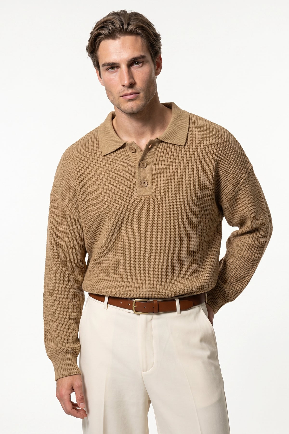 Men's Winter Warm Waffle Knit Polo Jumper Relaxed Fit