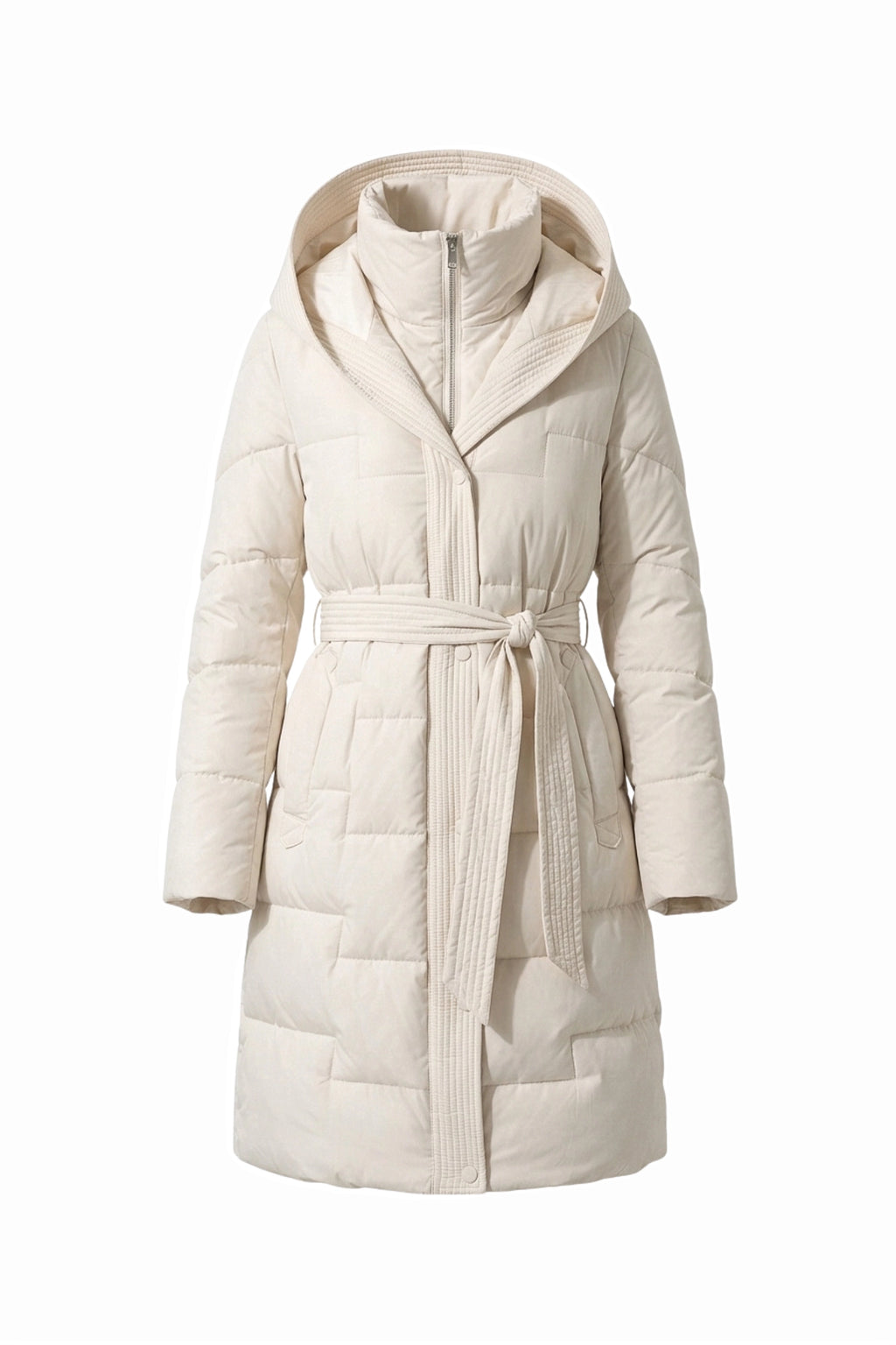 Women's Winter Warm Longline Puffer Coat with Hood and Waist Belt