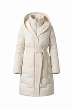 Women's Winter Warm Longline Puffer Coat with Hood and Waist Belt