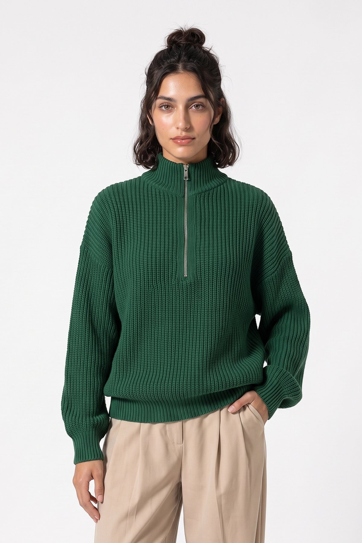 Women's Winter Warm Ribbed Knitted Jumper Quarter Zip