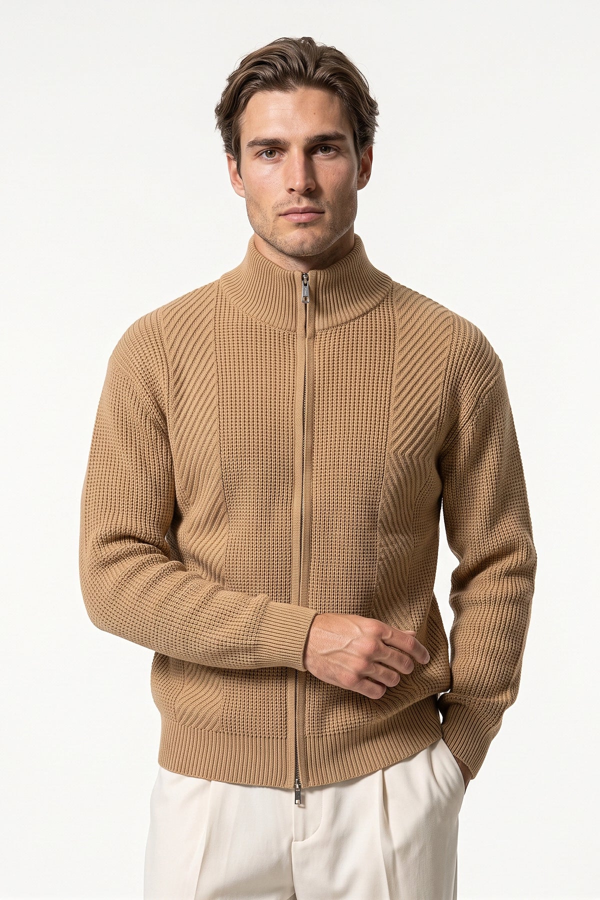 Men’s Winter Warm Textured Knitted Cardigan Stand Collar Full Zip
