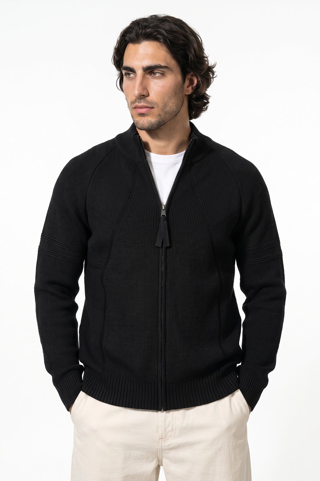 Men's Winter Warm Knitted Cardigan with Full Zip and Stand Collar