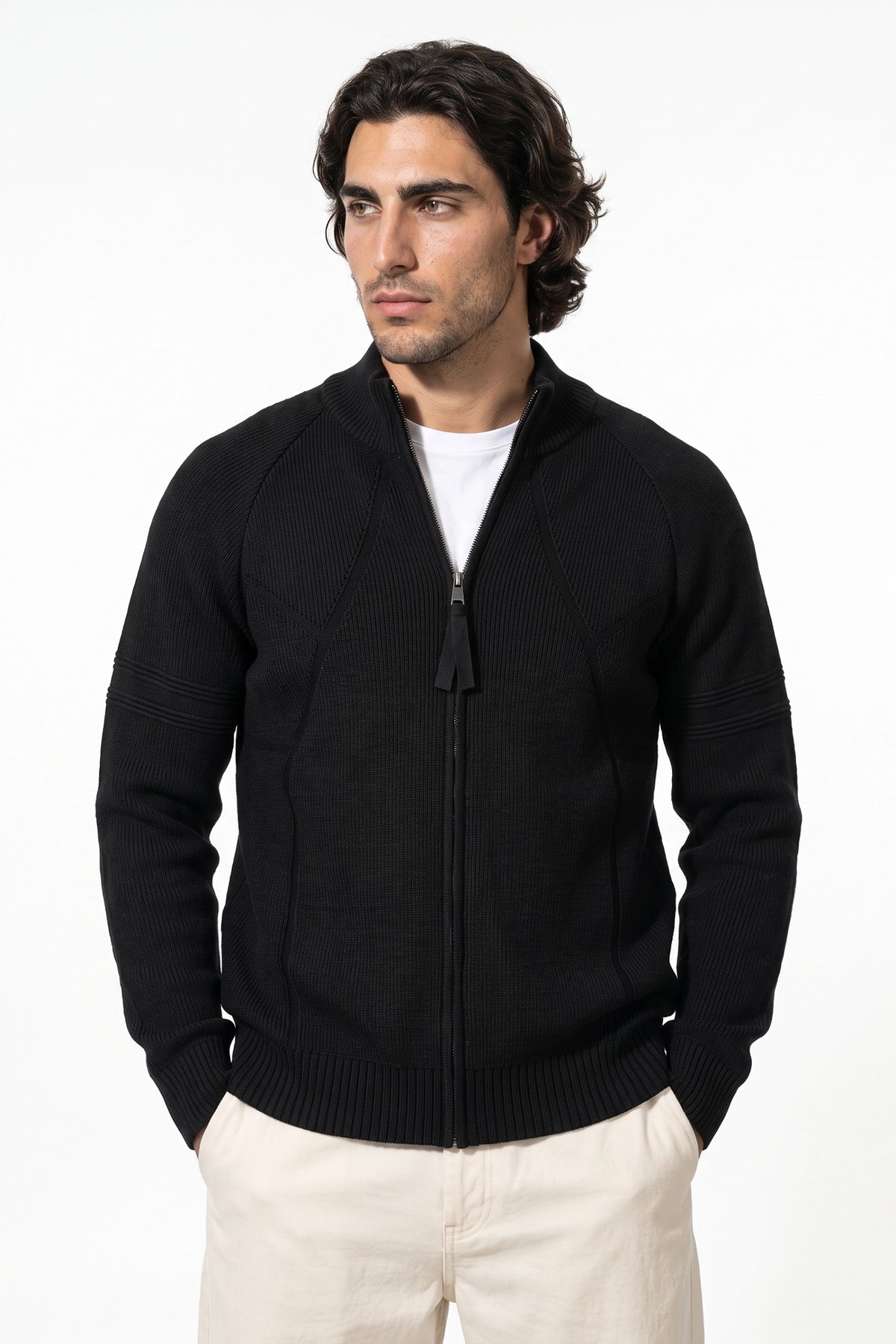 Men's Winter Warm Knitted Cardigan with Full Zip and Stand Collar