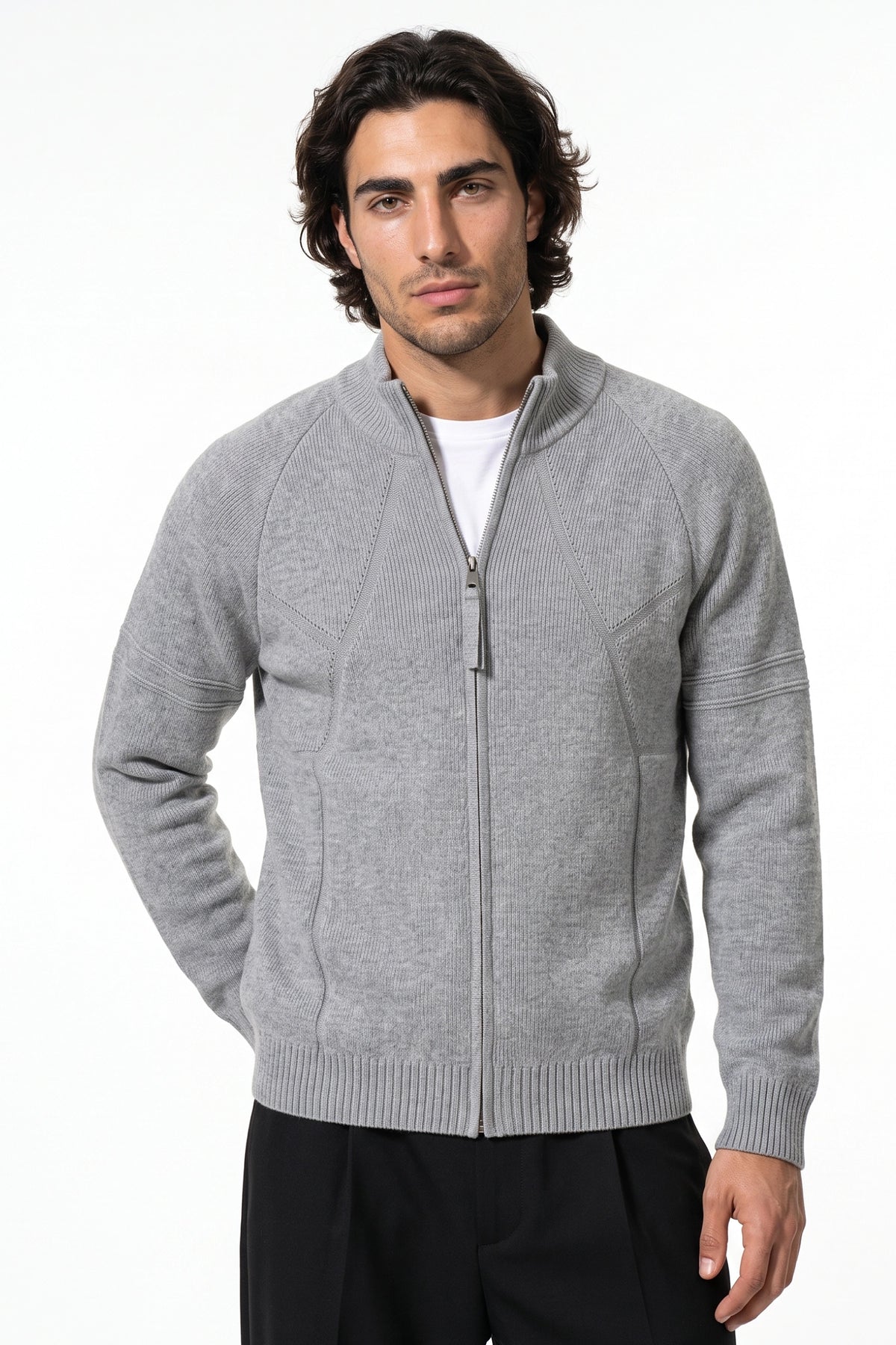 Men's Winter Warm Knitted Cardigan with Full Zip and Stand Collar