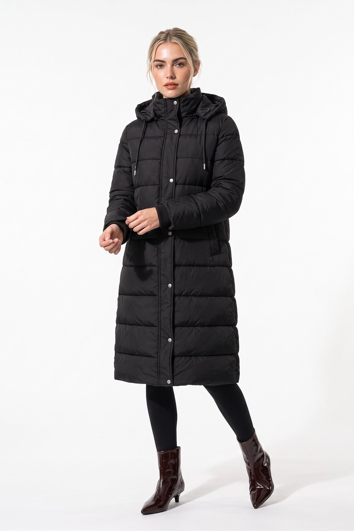 Women's Winter Warm Longline Puffer Coat with Hood and Button Front