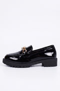 Women's Versatile Black Chunky Loafers Patent Leather with Gold Chain