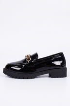 Women's Versatile Black Chunky Loafers Patent Leather with Gold Chain
