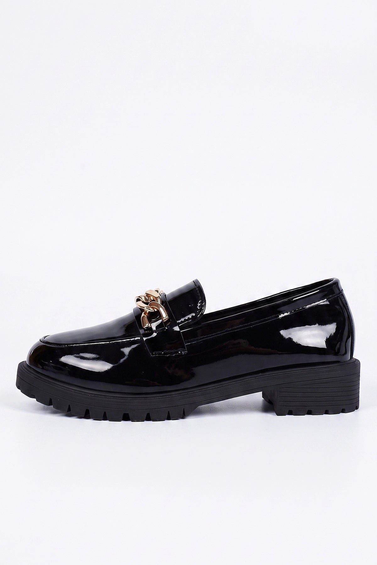 Women's Versatile Black Chunky Loafers Patent Leather with Gold Chain