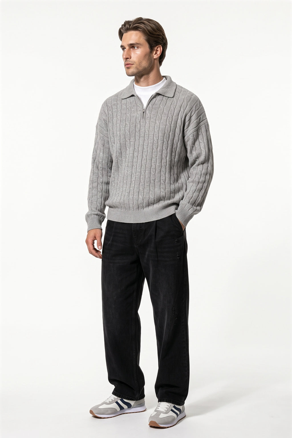 Men's Winter Warm Cable Knit Quarter Zip Polo Jumper