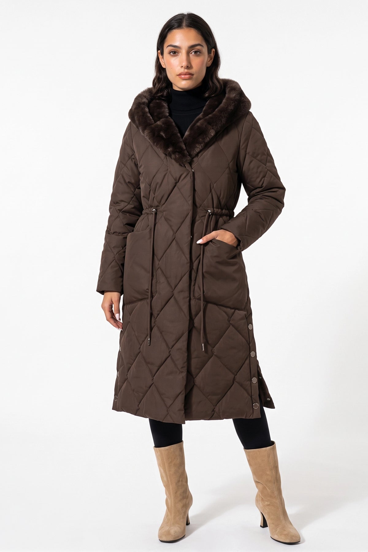 Women's Winter Warm Longline Quilted Puffer Coat with Fur Trimmed Hood