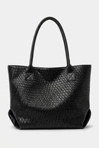 Women’s Spacious Woven Black Leather Tote Bag Large Shoulder Handles