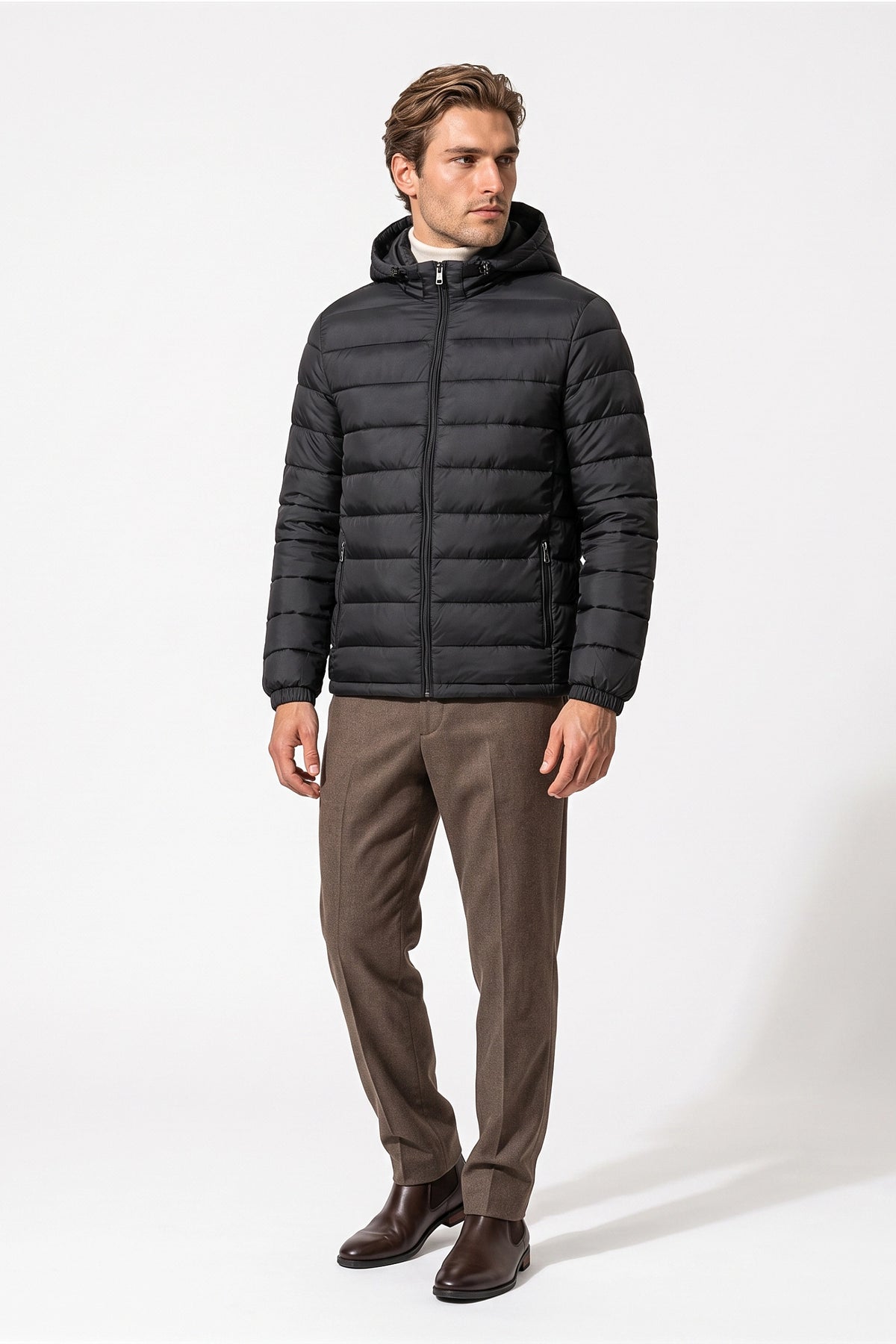 Men's Winter Warm Puffer Jacket with Hood and Zip Pockets