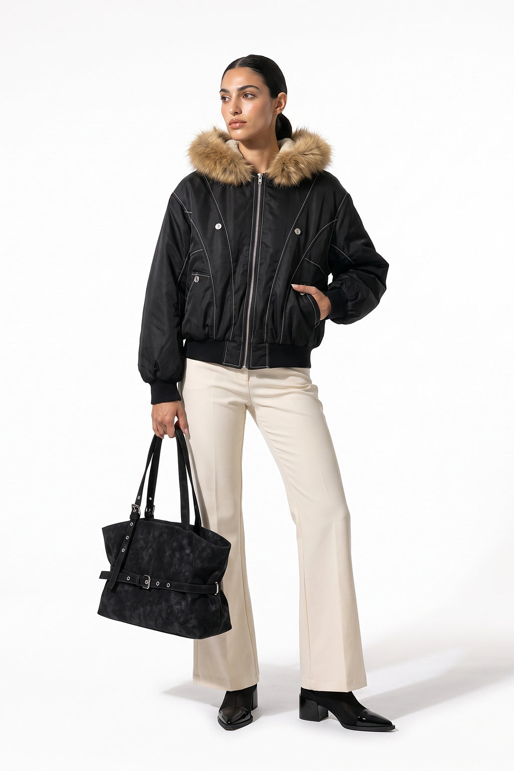 Women's Winter Warm Fleece Lined Bomber Jacket with Faux Fur Hood
