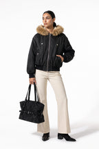 Women's Winter Warm Fleece Lined Bomber Jacket with Faux Fur Hood