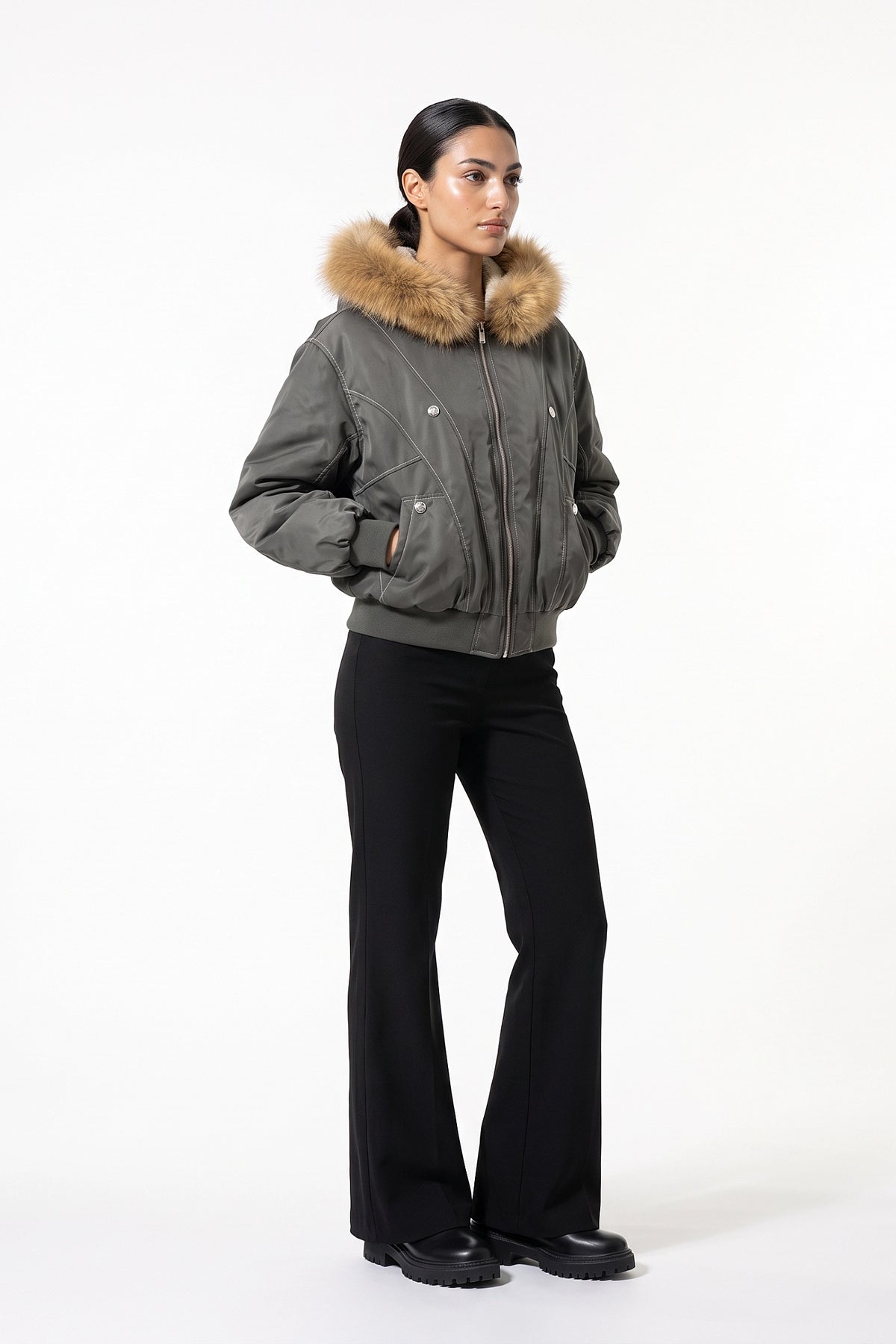 Women's Winter Warm Fleece Lined Bomber Jacket with Faux Fur Hood