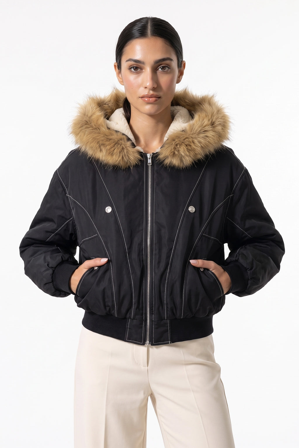 Women's Winter Warm Fleece Lined Bomber Jacket with Faux Fur Hood