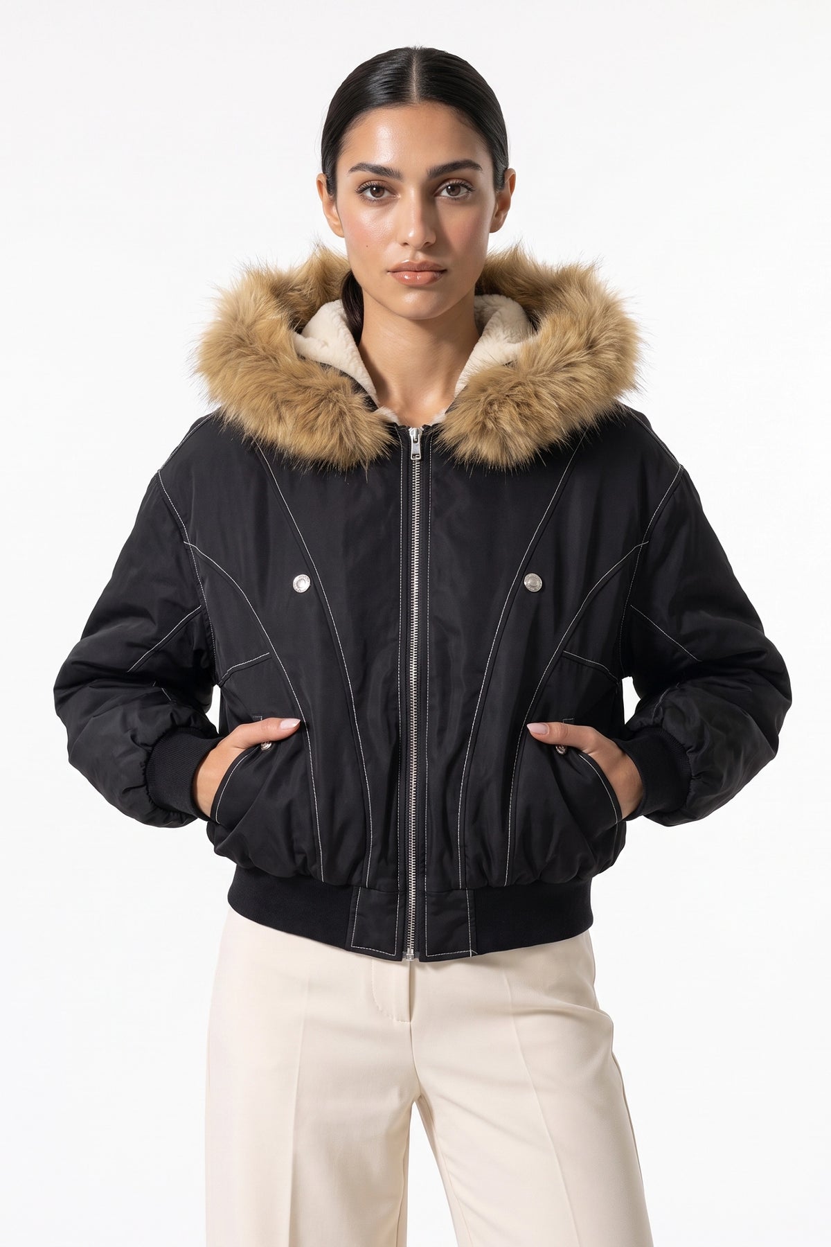 Women's Winter Warm Fleece Lined Bomber Jacket with Faux Fur Hood