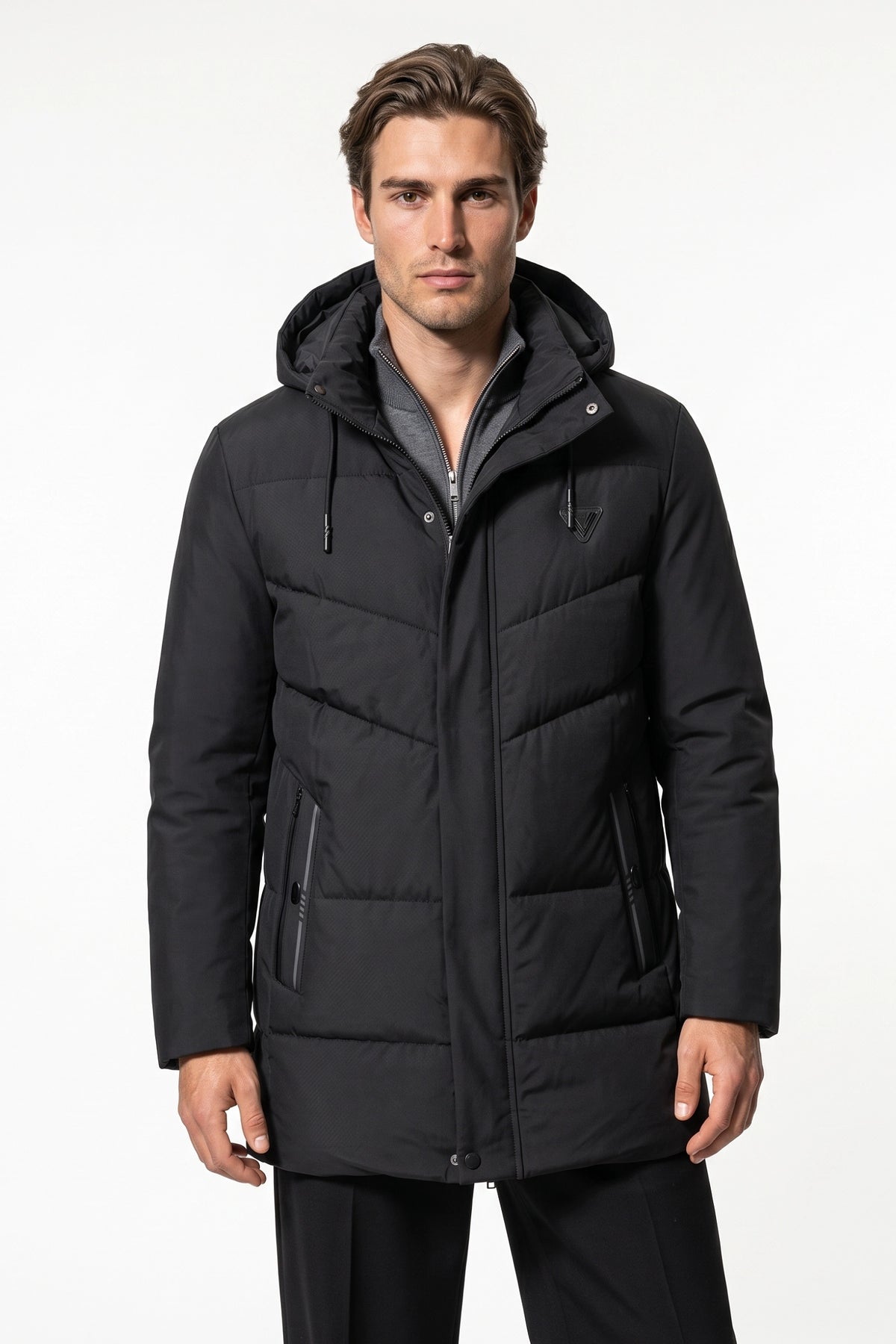 Men’s Winter Warm Longline Puffer Coat with Hood and High Collar