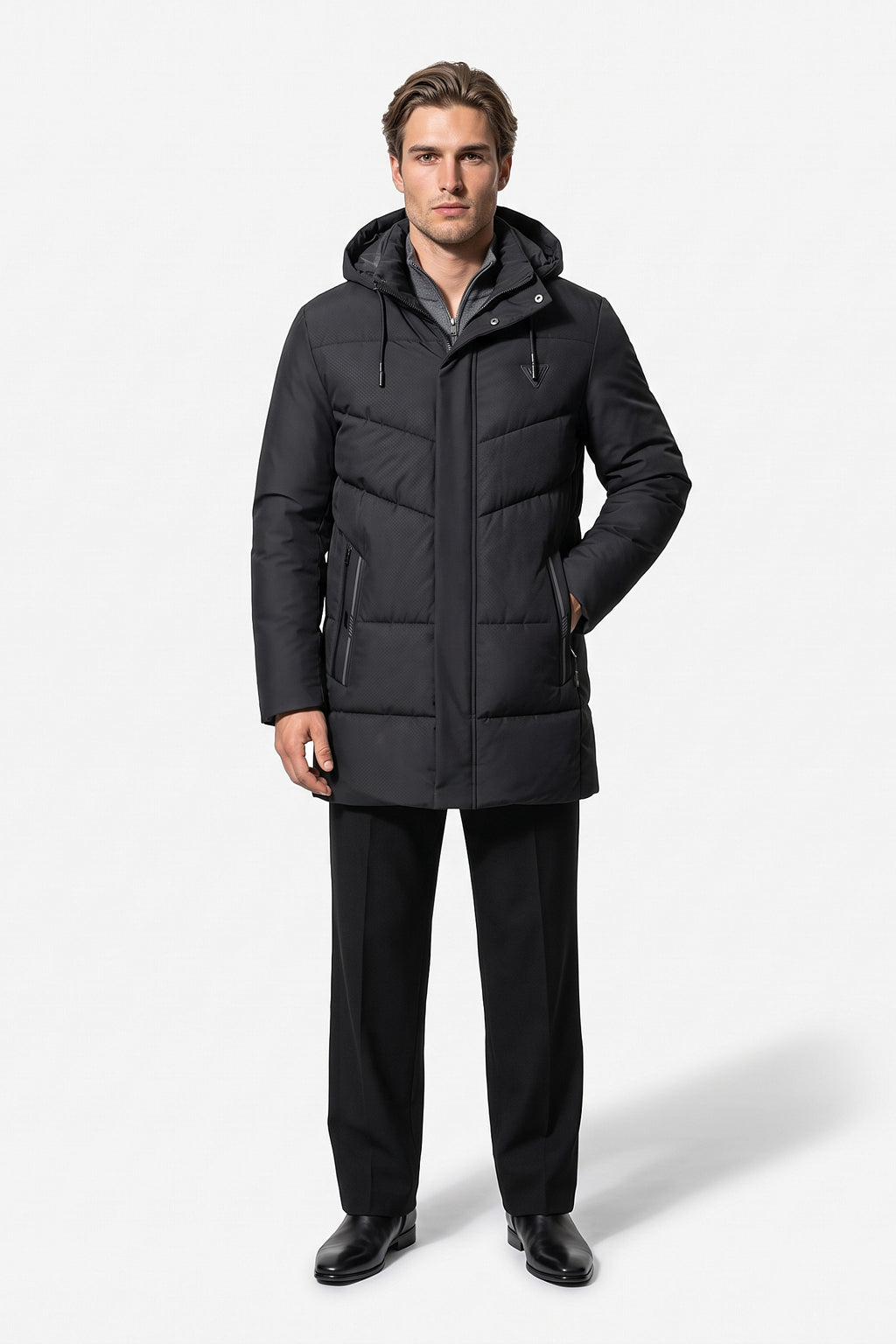 Men’s Winter Warm Longline Puffer Coat with Hood and High Collar
