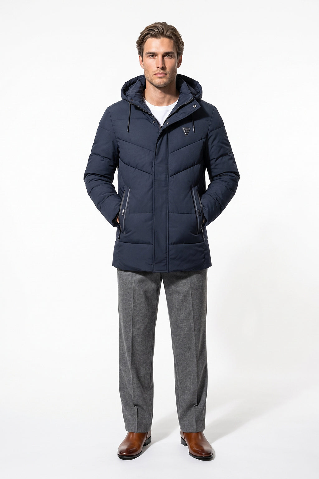 Men’s Winter Warm Longline Puffer Coat with Hood and High Collar