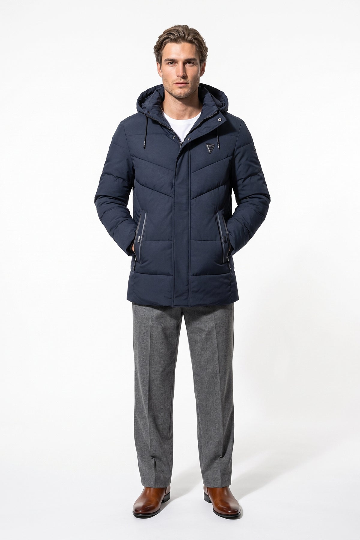 Men’s Winter Warm Longline Puffer Coat with Hood and High Collar