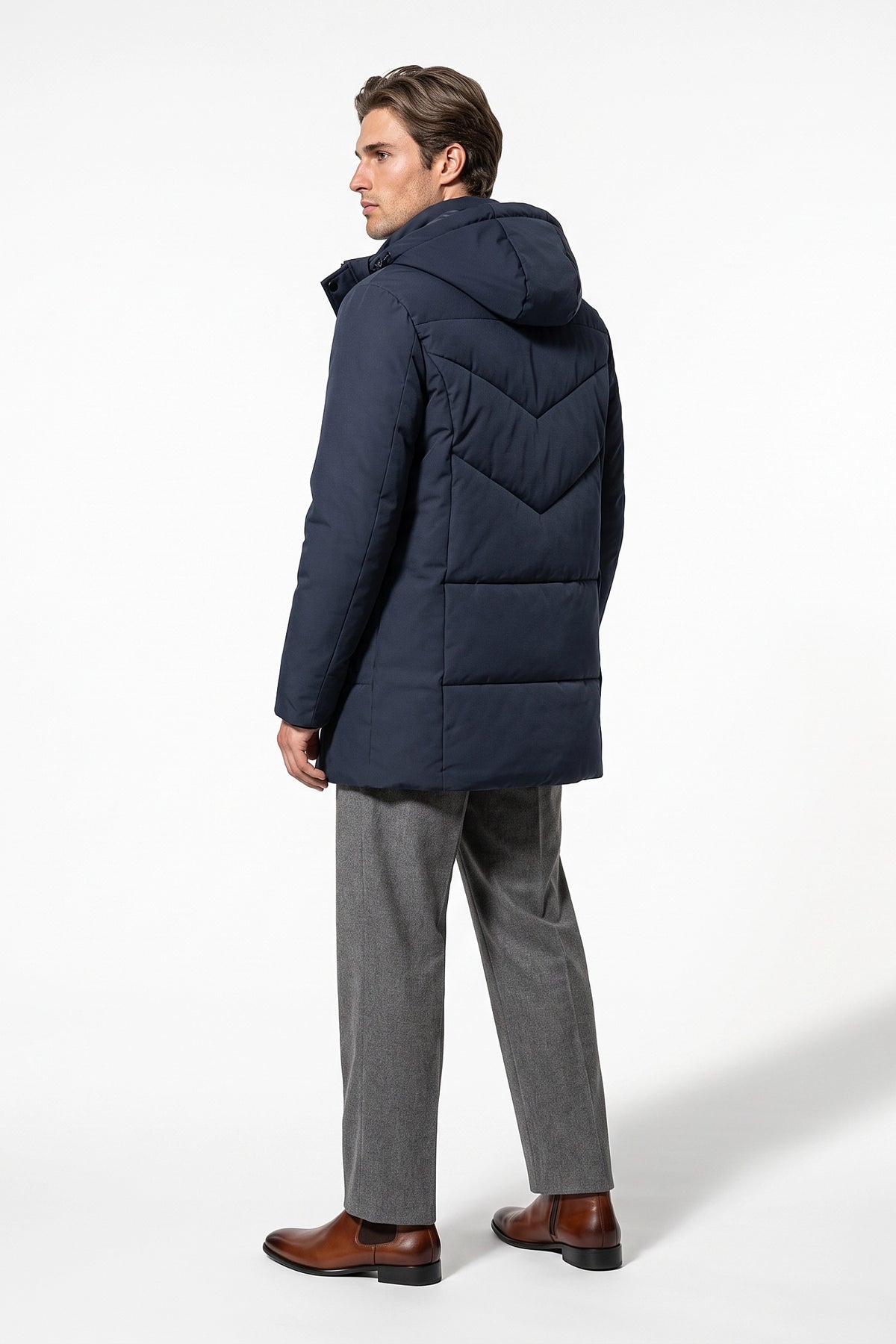 Men’s Winter Warm Longline Puffer Coat with Hood and High Collar