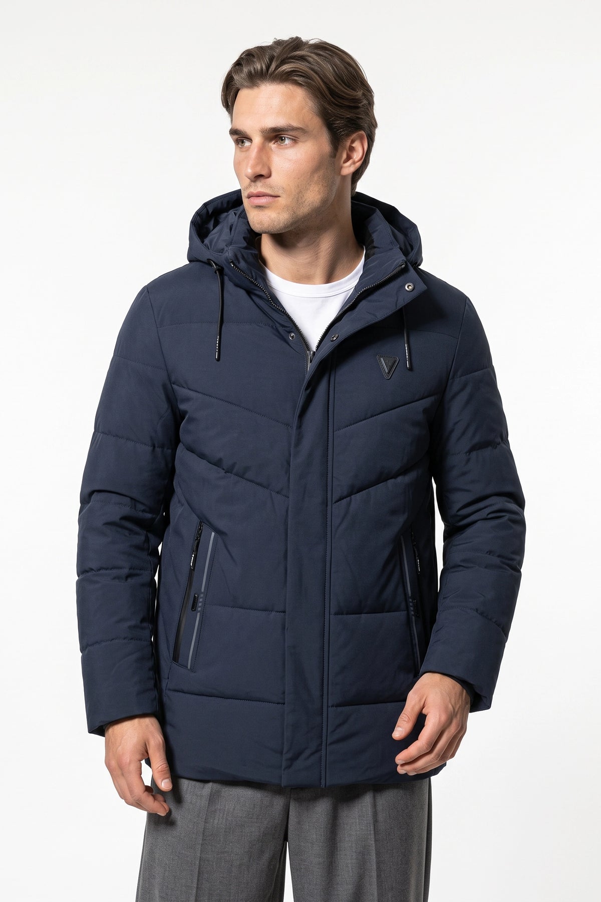 Men’s Winter Warm Longline Puffer Coat with Hood and High Collar