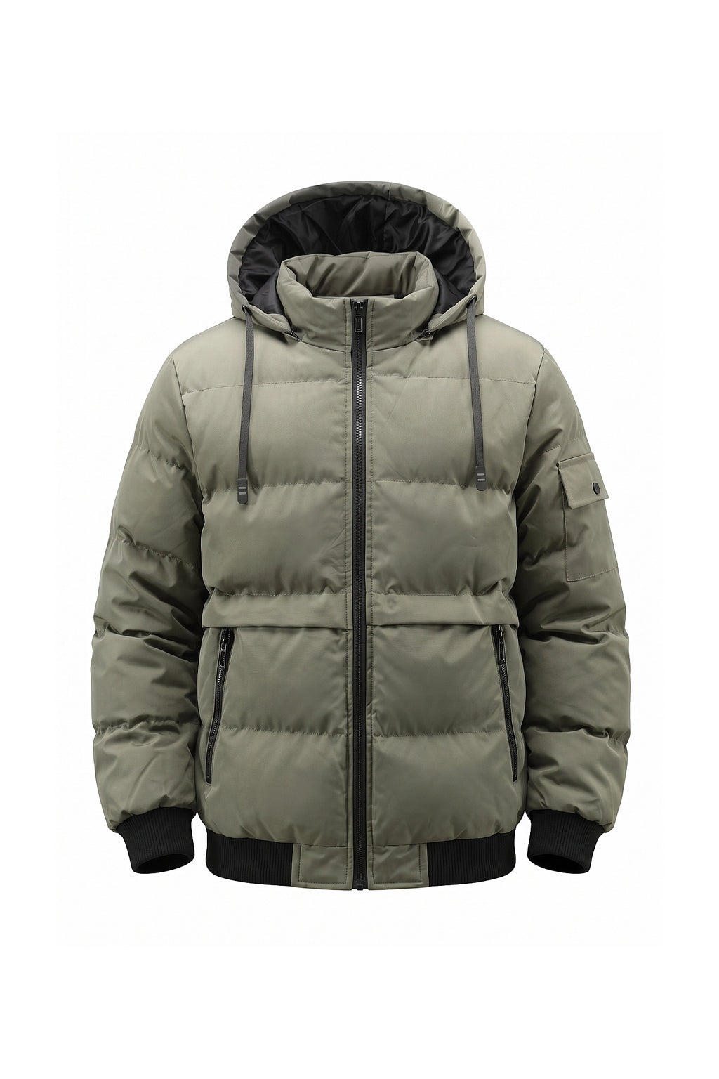 Men’s Winter Warm Green Hooded Puffer Jacket Detachable Hood Zip Pockets