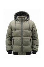 Men’s Winter Warm Green Hooded Puffer Jacket Detachable Hood Zip Pockets