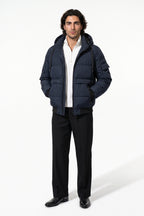 Men’s Winter Warm Navy Blue Hooded Puffer Jacket Detachable Hood Zip Pockets