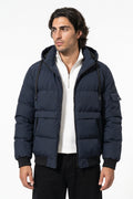 Men’s Winter Warm Navy Blue Hooded Puffer Jacket Detachable Hood Zip Pockets