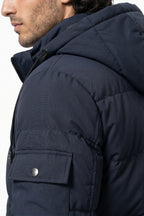 Men’s Winter Warm Navy Blue Hooded Puffer Jacket Detachable Hood Zip Pockets