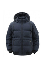 Men’s Winter Warm Navy Blue Hooded Puffer Jacket Detachable Hood Zip Pockets
