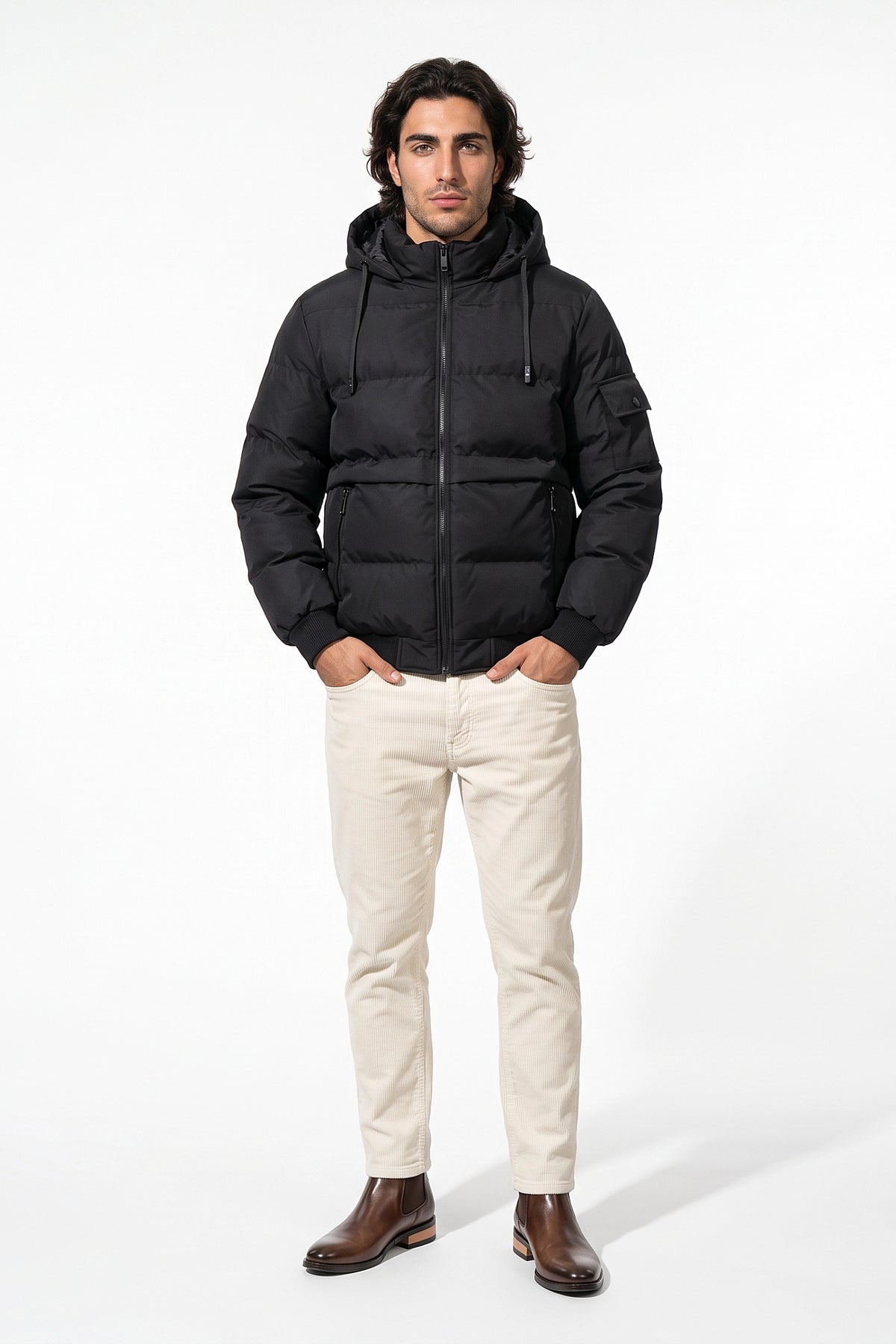 Men’s Winter Warm Black Hooded Puffer Jacket Detachable Hood Zip Pockets